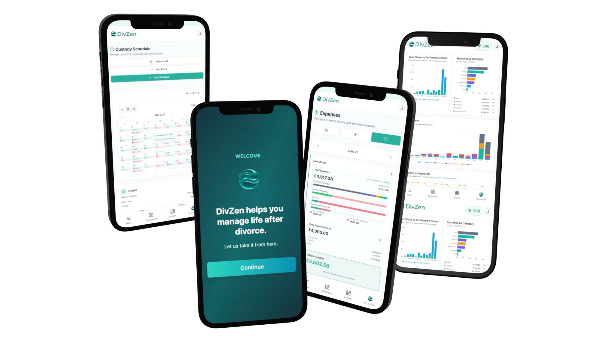 DivZen mobile app screens showing welcome page, dashboard, and expense tracking features