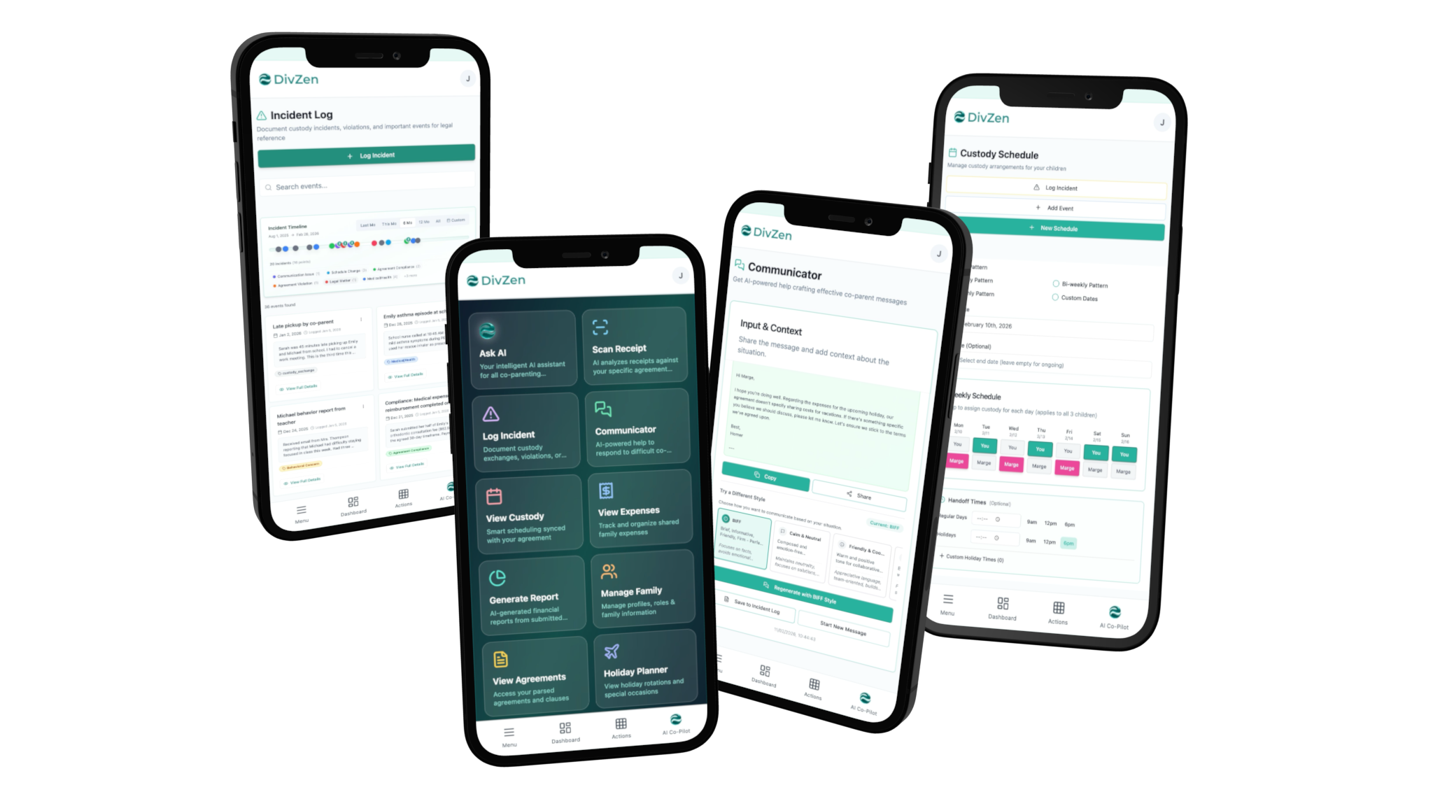 DivZen mobile app screens showing welcome page, dashboard, and expense tracking features