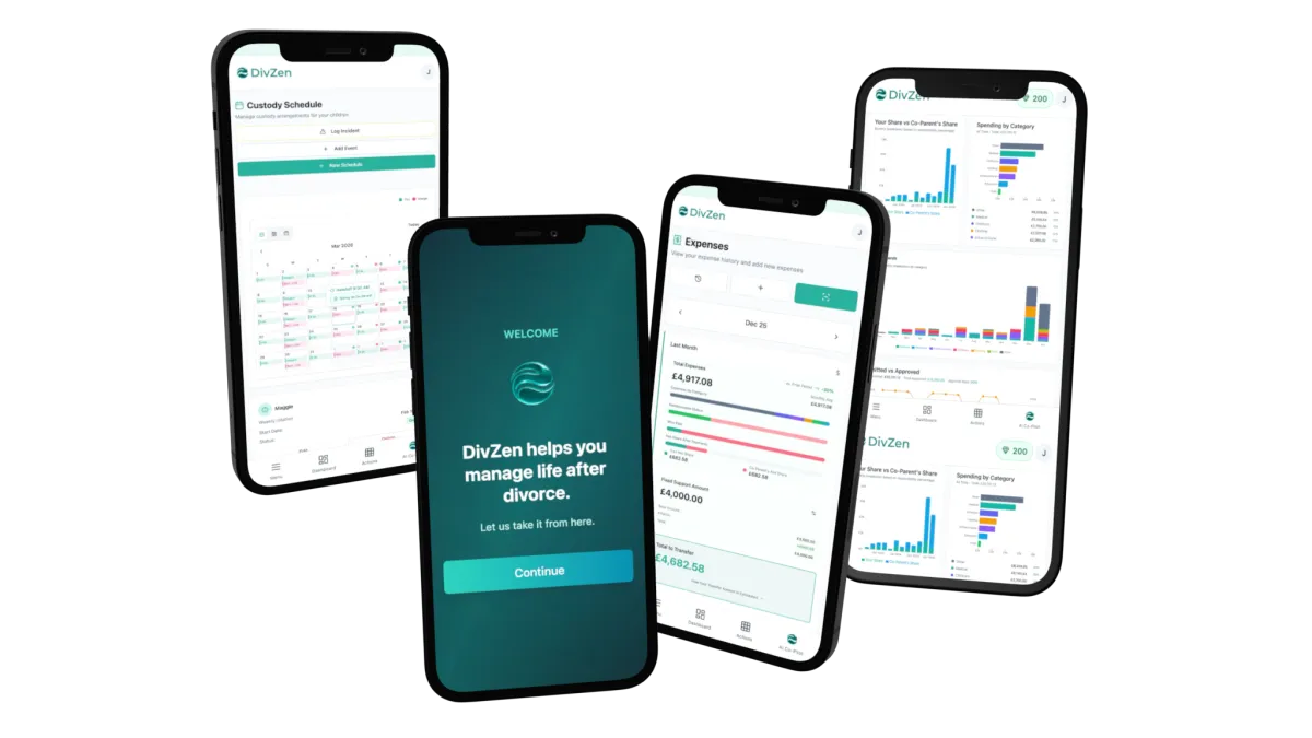 DivZen on four phones: the custody schedule, the welcome screen, an expense list and expense charts