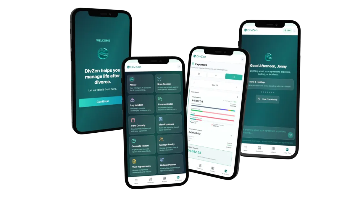 DivZen on four phones: the welcome screen, the main menu, an expense list and the Ask AI home screen