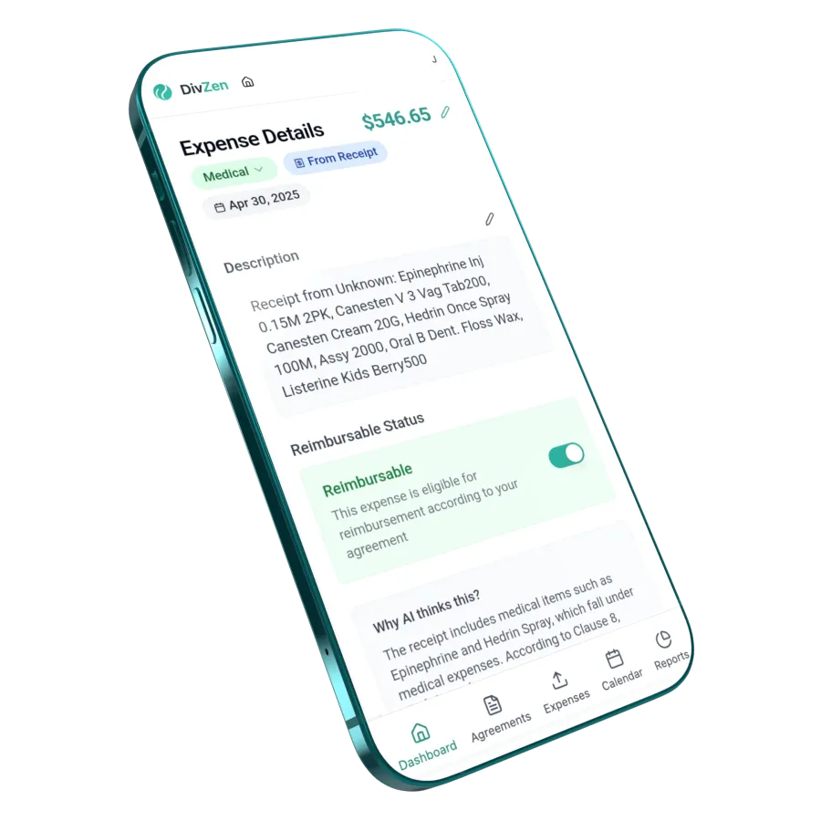 DivZen expense details on a phone: a $546.65 medical receipt marked reimbursable under the agreement, with the AI's reasoning